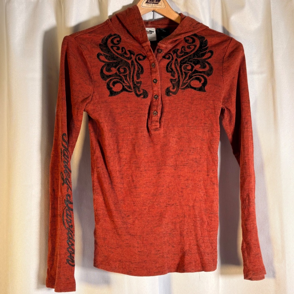 Harley Davidson Y2K Hooded Henley Shirt Womens S Burnt Orange Biker Grunge